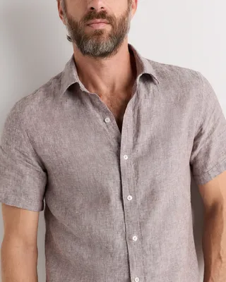 Quince Quince | Men's 100% European Linen Relaxed Short Sleeve Shirt in Taupe Brown Chambray — Men Autumn tan Button-Down Shirts