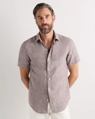 Quince Quince | Men's 100% European Linen Relaxed Short Sleeve Shirt in Taupe Brown Chambray — Men Autumn tan Button-Down Shirts
