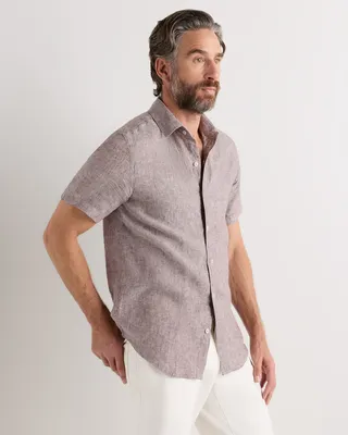 Quince Quince | Men's 100% European Linen Relaxed Short Sleeve Shirt in Taupe Brown Chambray — Men Autumn tan Button-Down Shirts