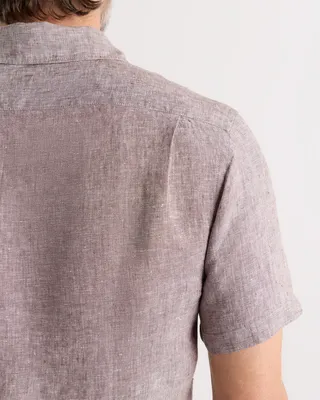 Quince Quince | Men's 100% European Linen Relaxed Short Sleeve Shirt in Taupe Brown Chambray — Men Autumn tan Button-Down Shirts