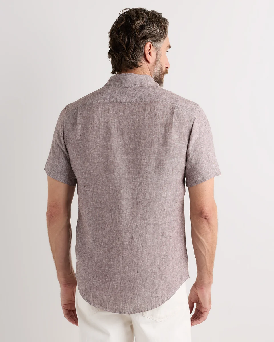 Quince Quince | Men's 100% European Linen Relaxed Short Sleeve Shirt in Taupe Brown Chambray — Men Autumn tan Button-Down Shirts