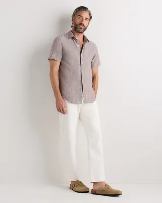Quince Quince | Men's 100% European Linen Relaxed Short Sleeve Shirt in Taupe Brown Chambray — Men Autumn tan Button-Down Shirts