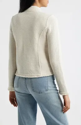 NIC+ZOE NIC+ZOE Fringe Mix Knit Bomber Jacket in Coconut — Women Autumn beige Outerwear