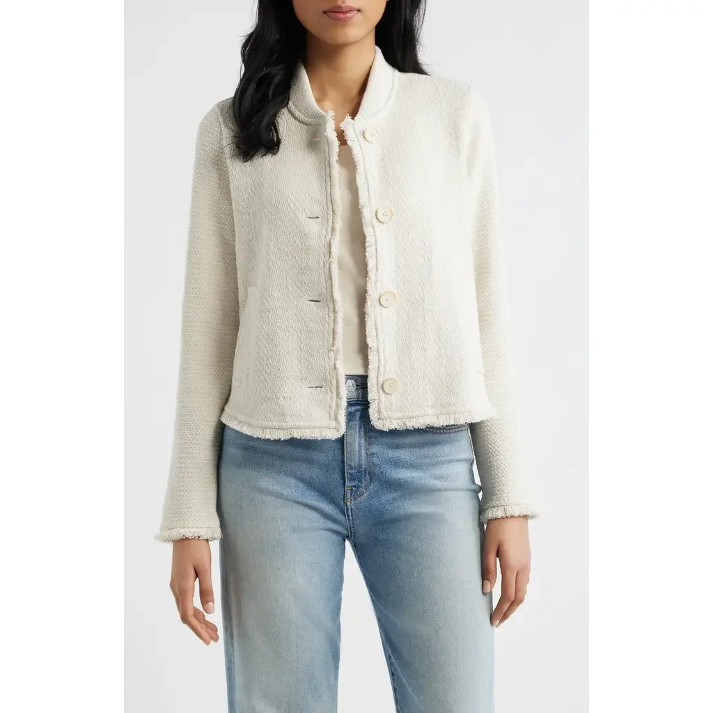 NIC+ZOE NIC+ZOE Fringe Mix Knit Bomber Jacket in Coconut — Women Autumn beige Outerwear