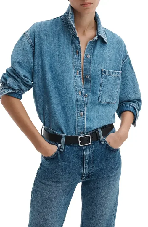 rag & bone rag & bone Connie Featherweight Denim Button-Up Shirt in Everglade — Women Summer blue Button-Down Shirts