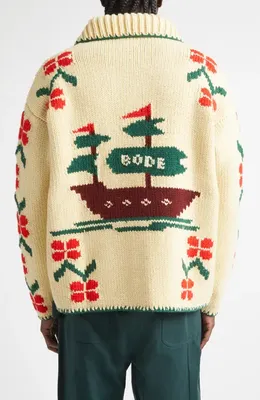 Bode Bode Pirate Ship Virgin Wool Cardigan in Ivory — Men Spring ivory Sweaters & Knits