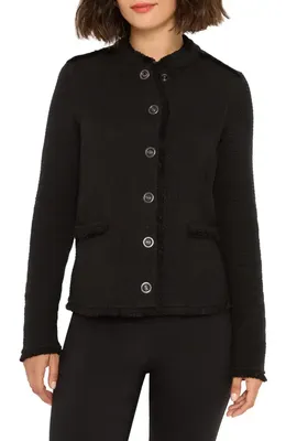 NIC+ZOE NIC+ZOE Military Fringe Mixed Knit Jacket in Black Onyx — Women Winter black Outerwear
