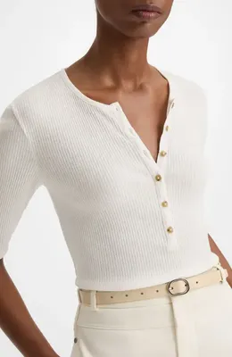 Vince Vince Rib Knit Pima Cotton Henley in Off White — Women Spring white Tops