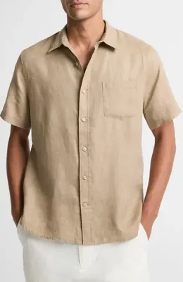 Vince Vince Classic Fit Short Sleeve Linen Shirt in Teak — Men Autumn beige Tops