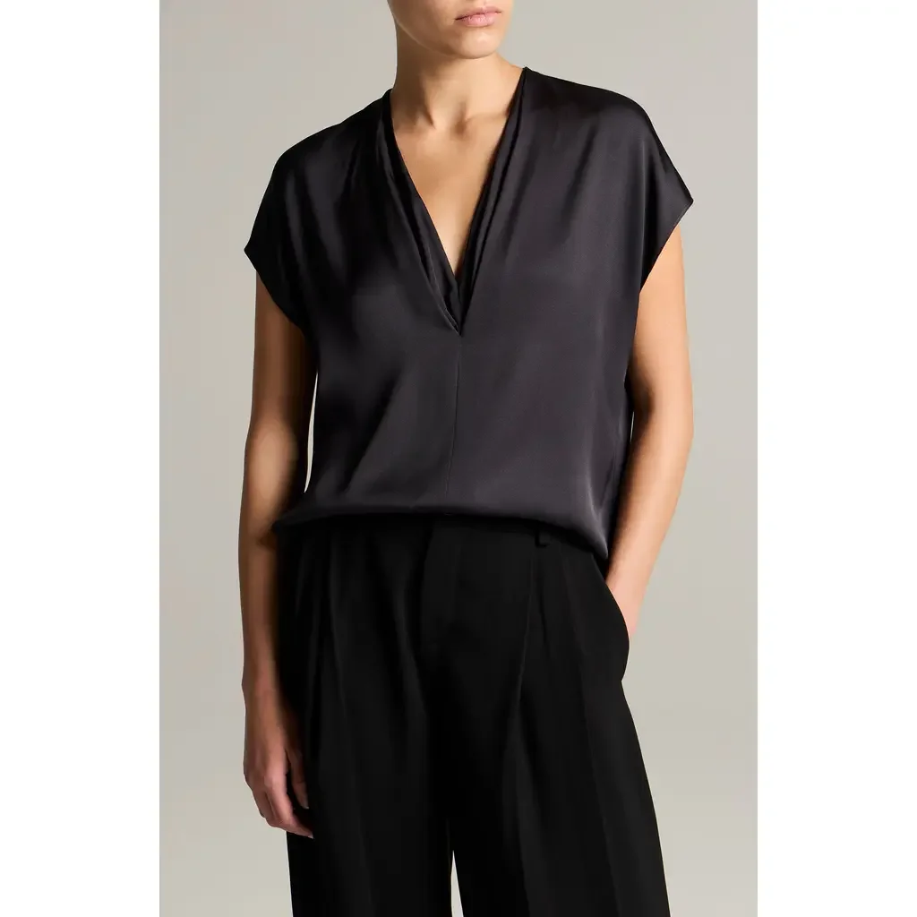 Vince Vince V-Neck Cap Sleeve Top in Ink — Women Winter black Tops