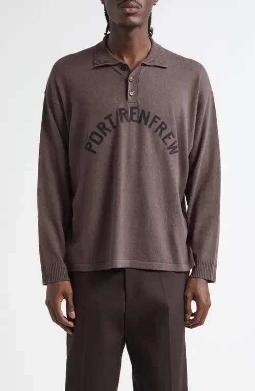 Bode Bode Port Cotton & Merino Wool Polo in Brown/Black — Men Autumn brown Tops