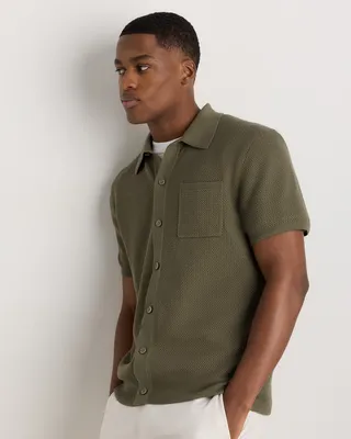 Quince Quince | Men's Mesh-Stitch Button-Up Sweater Polo in Bayberry Olive — Men Autumn green Polos