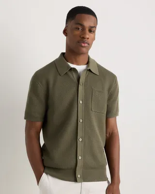 Quince Quince | Men's Mesh-Stitch Button-Up Sweater Polo in Bayberry Olive — Men Autumn green Polos