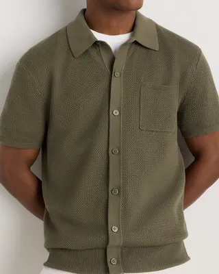 Quince Quince | Men's Mesh-Stitch Button-Up Sweater Polo in Bayberry Olive — Men Autumn green Polos