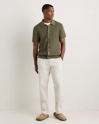 Quince Quince | Men's Mesh-Stitch Button-Up Sweater Polo in Bayberry Olive — Men Autumn green Polos