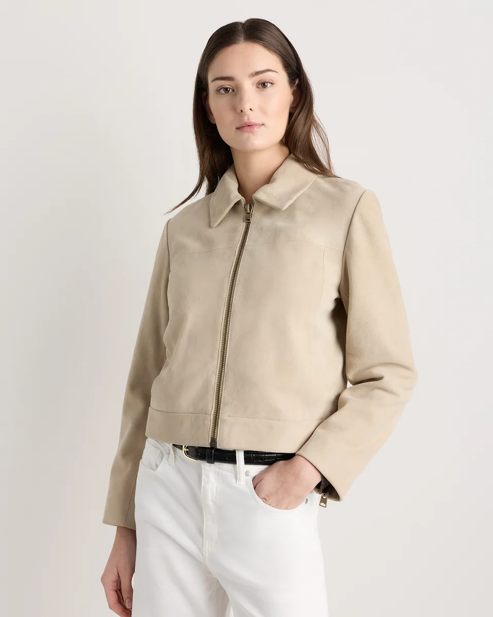 Quince Quince | Women's 100% Suede Cropped Zip-Front Jacket in Light Sand Beige — Women Spring tan Outerwear