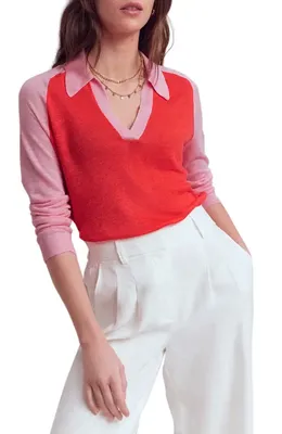 Boden Boden Agnes Colorblock Johnny Collar Sweater in Sunkissed Coral/Orchid Smoke — Women Spring red Tops