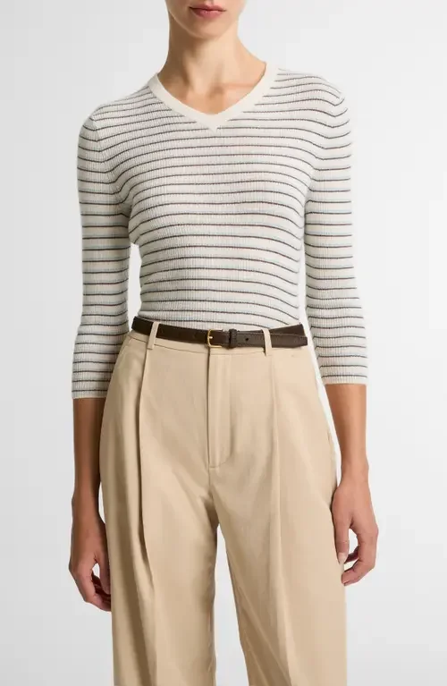 Vince Vince Stripe Cashmere & Silk Sweater in Clearwater/Bark Comb — Women Summer white Tops