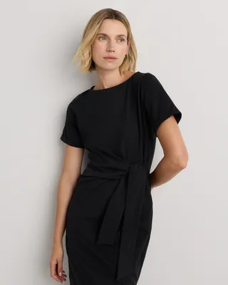 Quince Quince | Women's Stretch Cotton Jersey Side Tie Midi Dress in True Black — Women Winter black Midi Dresses