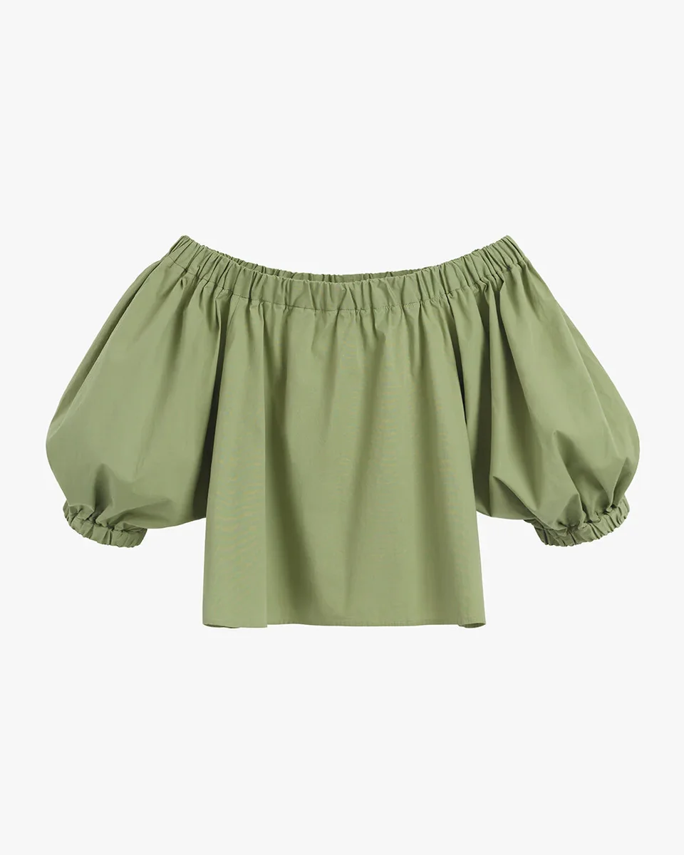 Cuyana Poplin Off-The-Shoulder Cropped Top - Leaf / in khaki — Autumn khaki Tops