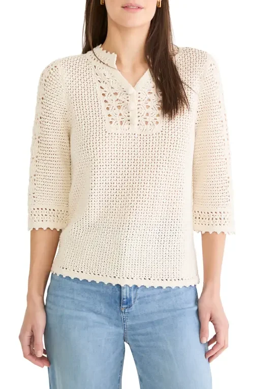 NIC+ZOE NIC+ZOE Semisheer Cotton Blend Open Stitch Sweater in Classic Cream — Women Spring white Tops