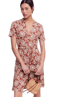 Boden Boden Daisy Short Sleeve Cotton Blend Jersey Dress in Barn Red, Decorative Blossom in Barn Red/ Decorative Blossom — Women Autumn red Dresses