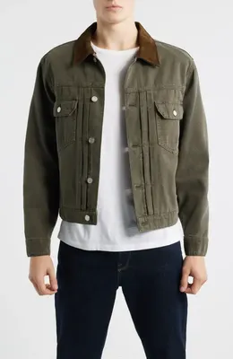 FRAME FRAME Cotton Canvas Trucker Jacket in Antique Dark Olive — Men Autumn grey Outerwear