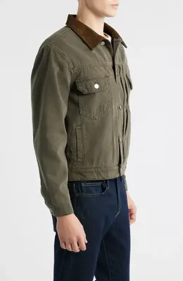 FRAME FRAME Cotton Canvas Trucker Jacket in Antique Dark Olive — Men Autumn grey Outerwear