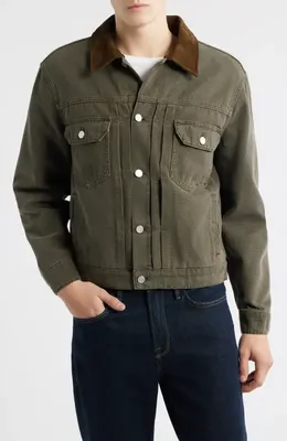 FRAME FRAME Cotton Canvas Trucker Jacket in Antique Dark Olive — Men Autumn grey Outerwear
