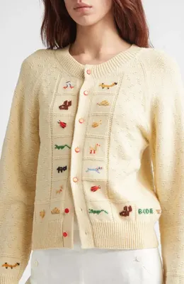 Bode Bode Zoologist Embroidered Merino Wool & Alpaca Cardigan in Cream — Women Spring ivory Tops
