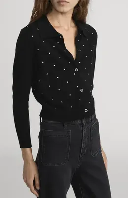 FRAME FRAME The Rhinestone Collared Wool & Cashmere Cardigan in Black — Women Winter black Tops