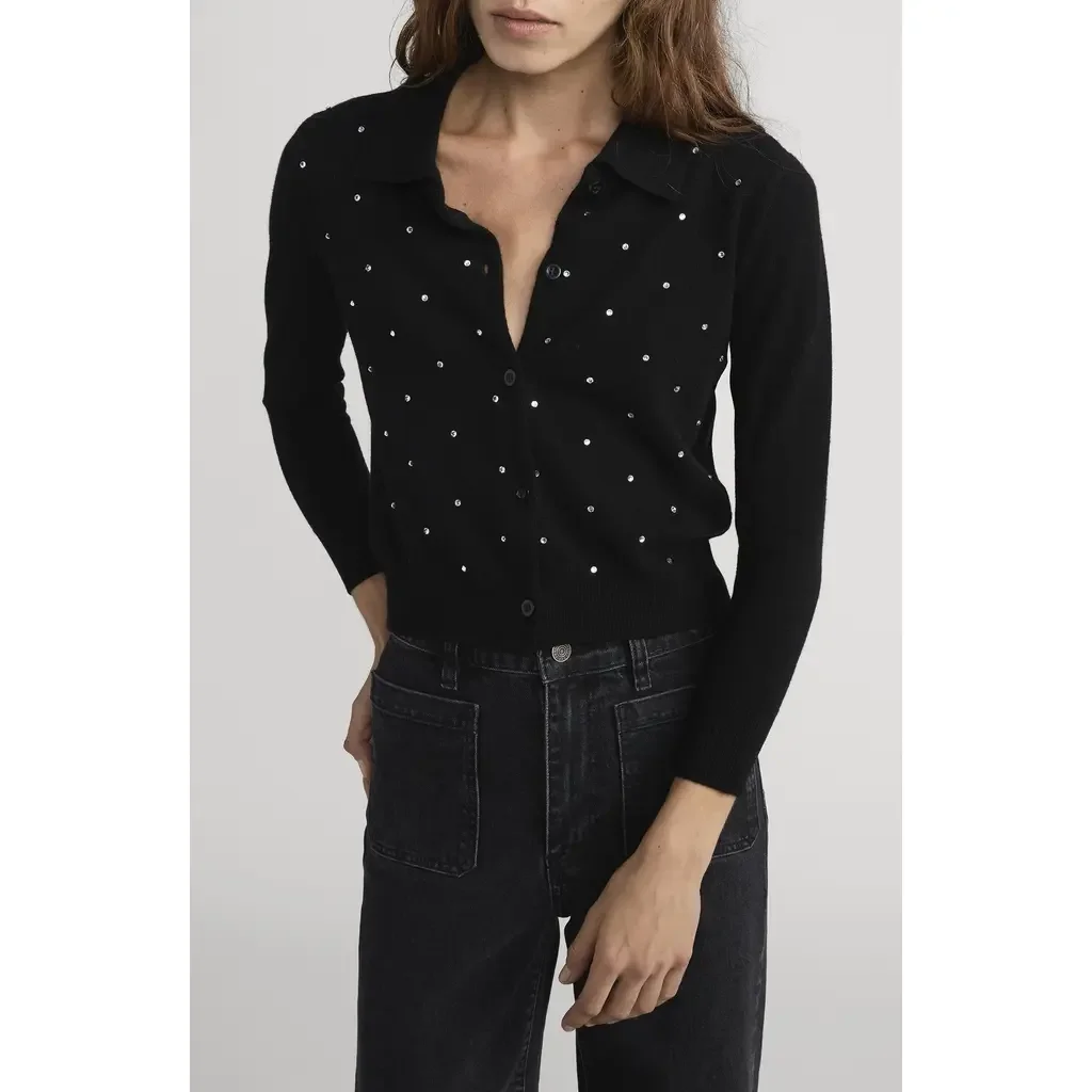 FRAME FRAME The Rhinestone Collared Wool & Cashmere Cardigan in Black — Women Winter black Tops