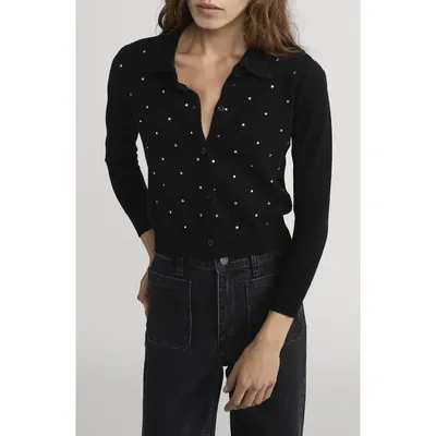 FRAME FRAME The Rhinestone Collared Wool & Cashmere Cardigan in Black — Women Winter black Sweaters & Knits