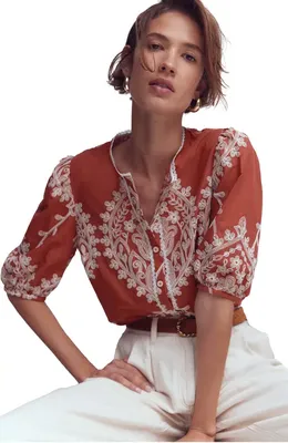 Boden Boden Leah Embroidered Top in Red Embroidery — Women Autumn red Tops