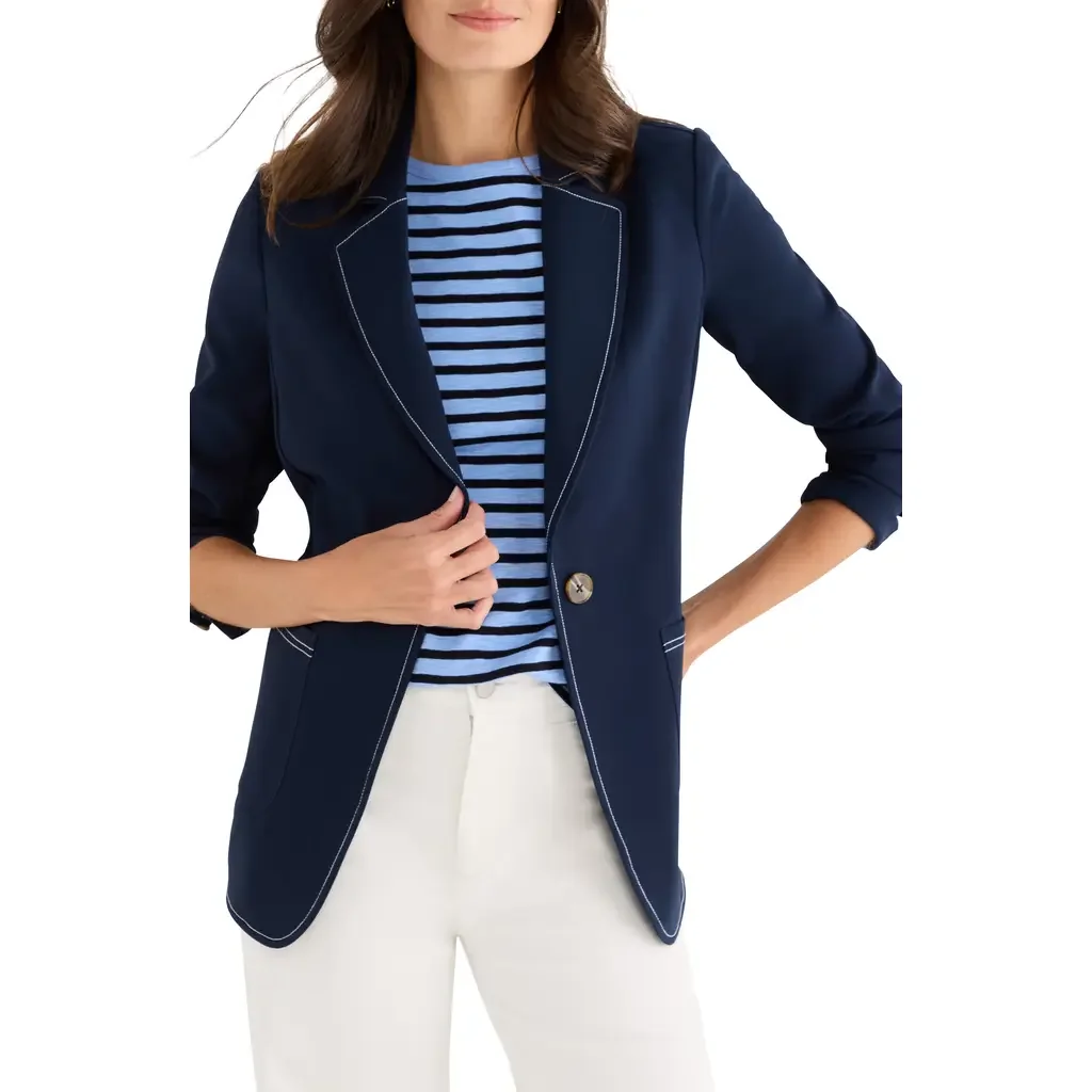NIC+ZOE NIC+ZOE Topstitch Detail Stretch Blazer in Dark Indigo — Women Winter navy Outerwear