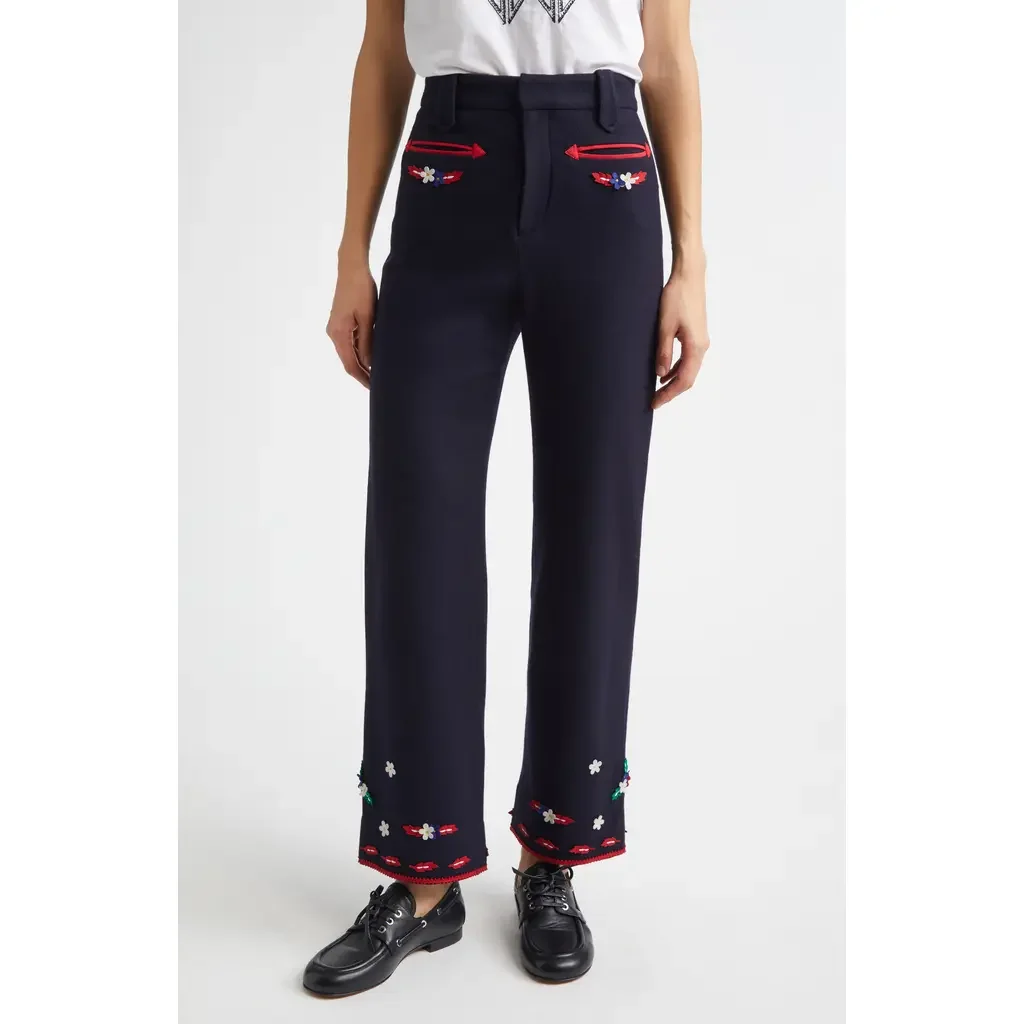 Bode Bode Carroll Wool Trousers in Navy Red — Women Winter navy Pants