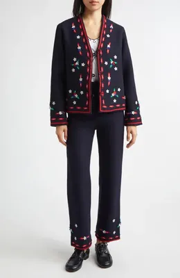 Bode Bode Carroll Wool Trousers in Navy Red — Women Winter navy Pants