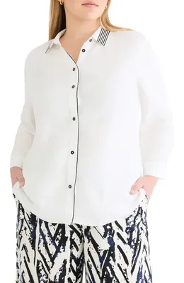 NIC+ZOE NIC+ZOE Stripe Trim Linen Blend Shirt in Paper White — Women Winter white Tops