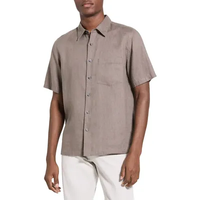 Theory Theory Irving Solid Short Sleeve Linen Button-Up Shirt in Morel — Men Autumn grey Tops