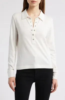 FRAME FRAME The Snap Long Sleeve Linen Blend Henley in Alabaster — Women Winter white Tops