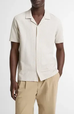 Vince Vince Stripe Seersucker Button Down Top in Mineral/optic White — Men Spring white Tops