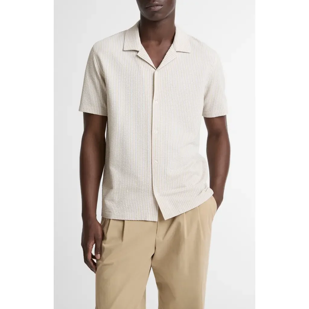Vince Vince Stripe Seersucker Button Down Top in Mineral/optic White — Men Spring white Tops