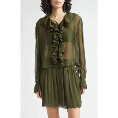 Bode Bode Flounce Ruffle Silk Top in Olive — Women Autumn green Tops