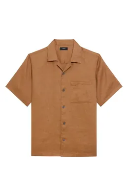 Theory Theory Noll Short Sleeve Linen Button-Up Camp Shirt in Deep Tobacco — Men Autumn camel Tops