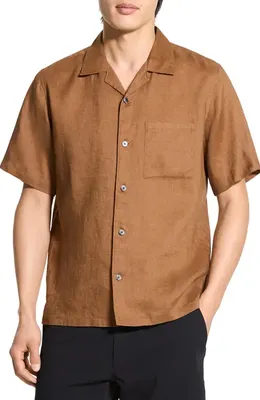 Theory Theory Noll Short Sleeve Linen Button-Up Camp Shirt in Deep Tobacco — Men Autumn camel Tops