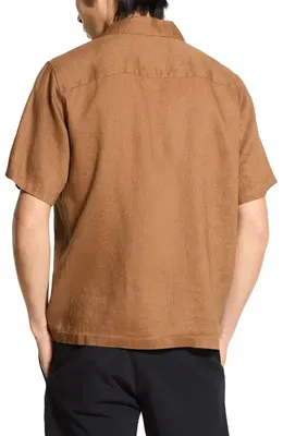 Theory Theory Noll Short Sleeve Linen Button-Up Camp Shirt in Deep Tobacco — Men Autumn camel Tops