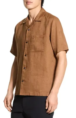 Theory Theory Noll Short Sleeve Linen Button-Up Camp Shirt in Deep Tobacco — Men Autumn camel Tops