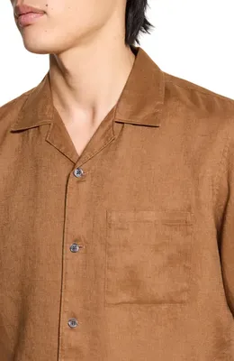Theory Theory Noll Short Sleeve Linen Button-Up Camp Shirt in Deep Tobacco — Men Autumn camel Tops