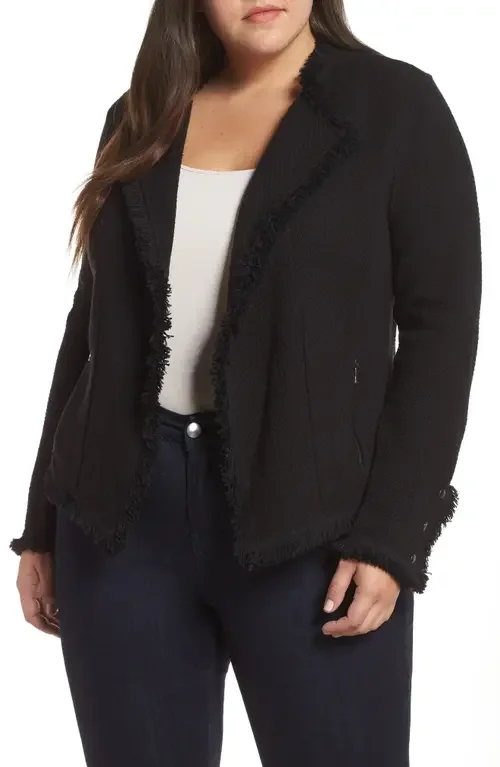 NIC+ZOE NIC+ZOE Fringe Mix Knit Jacket in Black Onyx — Women Winter black Outerwear