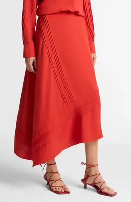 Vince Vince Pintuck Asymmetric Maxi Slip Skirt in Poppy — Women Spring red Skirts